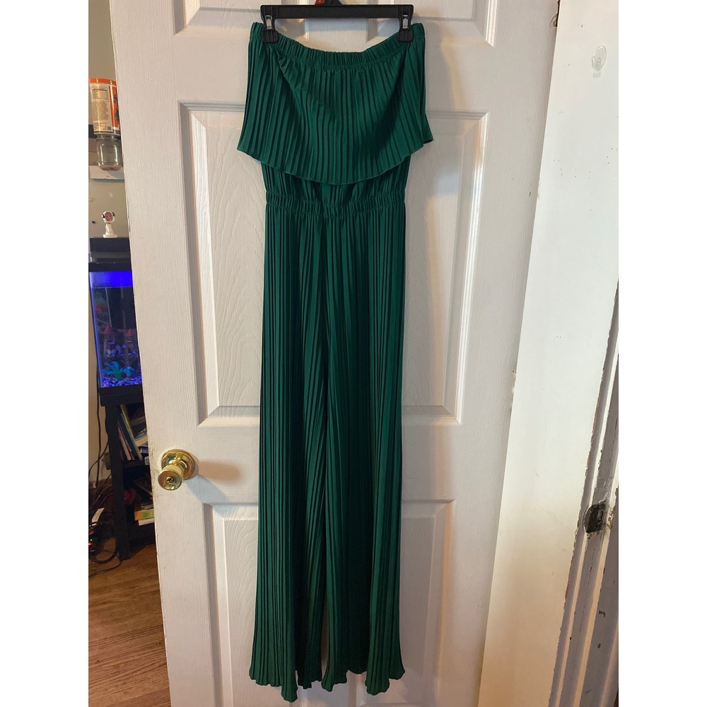 New Mix Classic Emerald Green Pleated Strapless Ruffle Wide Leg Jumpsuit Small